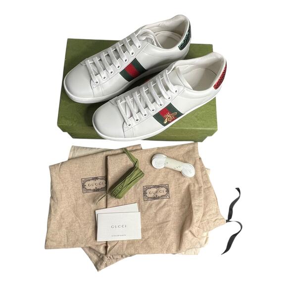 Gucci Ace Bee Sneakers Size 38 White Leather Red/Green Snake Heel w/ Box, Extras - Picture 2 of 16